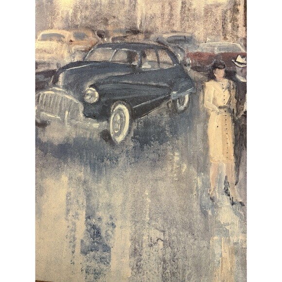 Vintage Mid Century City Street Scene Painting 1950’s Urban Skyline Signed 12x36 - Picture 3 of 6